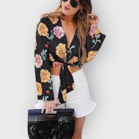 Topshop Small Cropped Long Sleeve Black Polka Dot Tie Front Blouse Vintage Chic - Picture 2 of 7